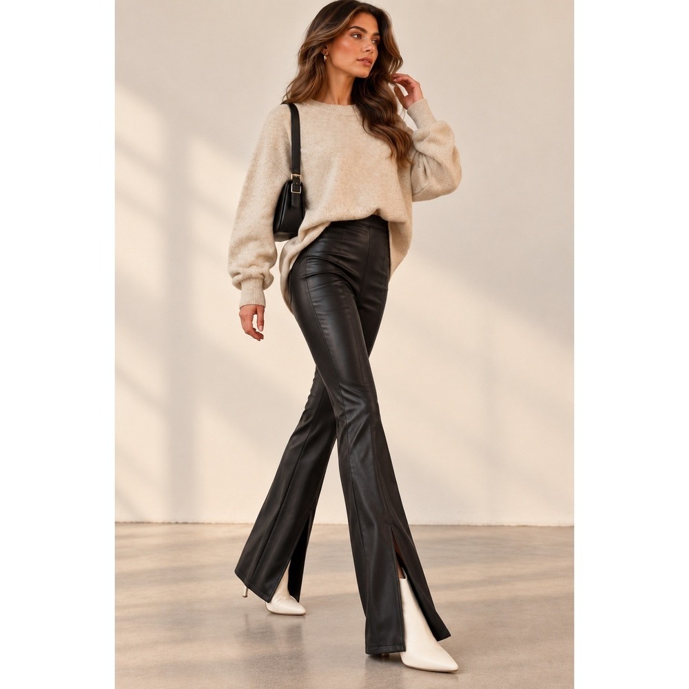 Commense Faux Leather Flare Pants Black US 8 L High Waist Side Zip NWT